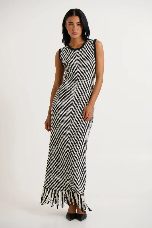 Zahlia Maxi Dress Black Stripe Cozy Wrap Maxi Dress