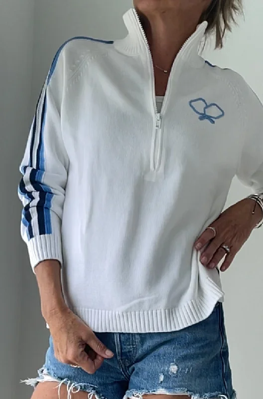 1/2 Zip Pickleball Sweater White/Blue Boxy Sweater Fitted Sweater A-Line