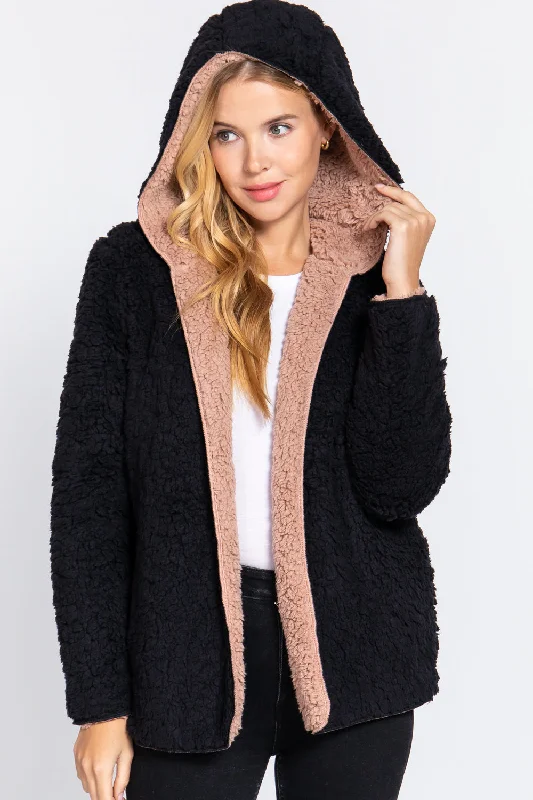 Hoodie Faux Fur Reversible Jacket Hoodie with Puffed Sleeves Voluminous Trendy