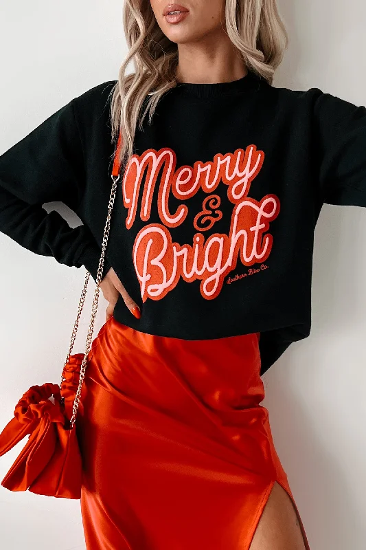 Always "Merry And Bright" Graphic Sweatshirt (Black) Hoodie with Raglan Sleeves Sporty Comfortable