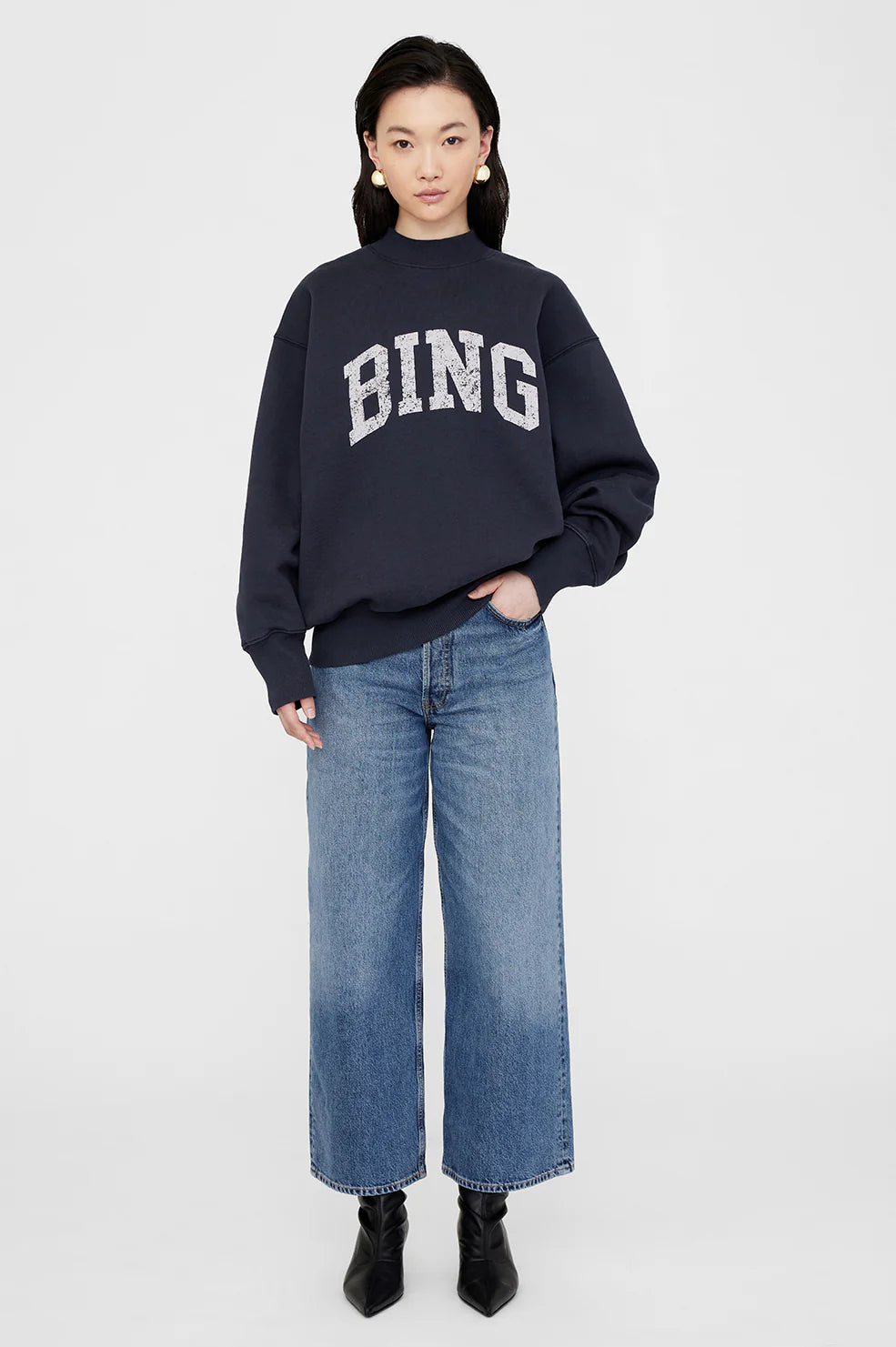 Anine Bing - Bradie Sweatshirt in Navy Hoodie with Turtle Neck Cozy Winter