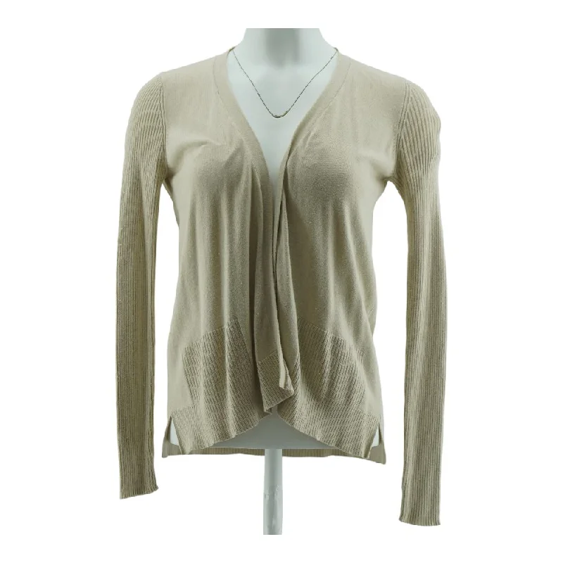 Beige Solid Cardigan Sweater High Neck Crew Neck V-Neck