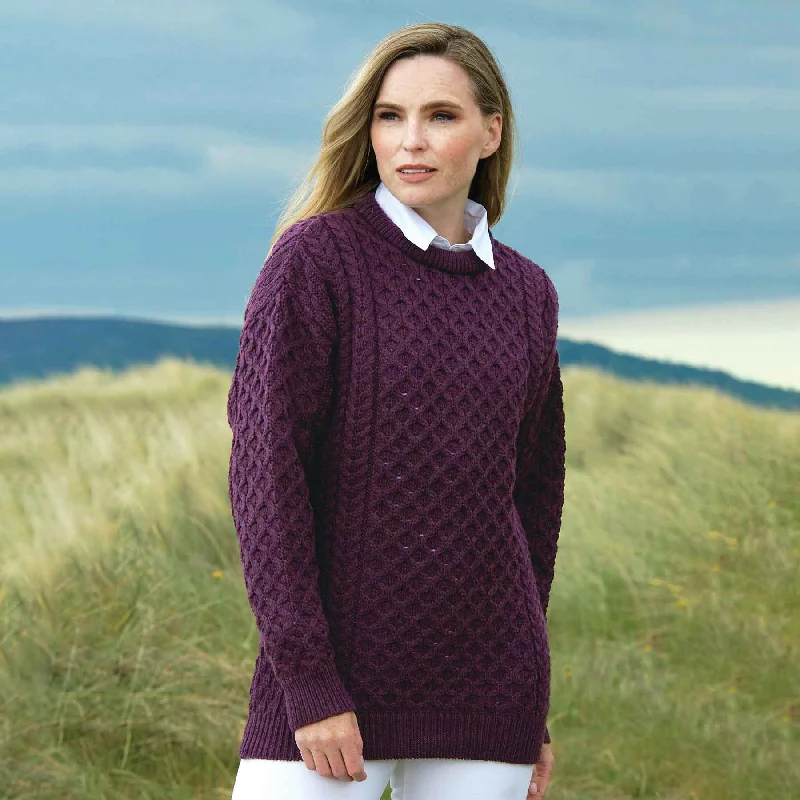 Kildare Classic Merino Crewneck Aran Sweater- Plum Polka Dot Checkered Tartan