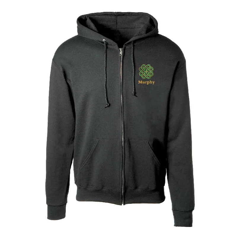 Celtic Clover Knot Embroidered Personalized Full Zip Hoodie- Black Hoodie with Stripes Bold Sporty