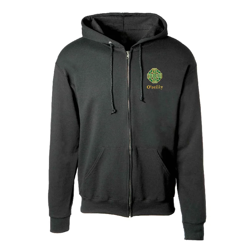 Celtic Cross Embroidered Personalized Full Zip Hoodie- Black Hoodie with Drawstring Waist Adjustable Fitted