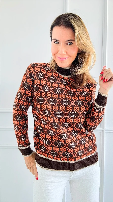 High Collar Bow Sweaters - Brown Solid Color Striped Floral Print