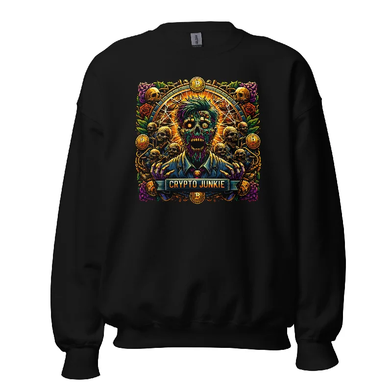 Crypto Junkie Zombie Businessman Horror Bitcoin Long Sleeve Pullover Sweatshirt Hoodie with Hem Contrast Bold Stylish