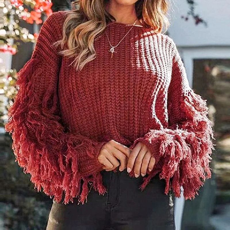 Women Fringe Sleeves Loose Knitted Jumpers Sweater Terry Terry Cloth Terry Knit