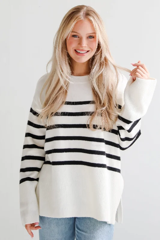 Curated Forecast Ivory Oversized Striped Sweater Zippered Front Buttoned Front Snap Front