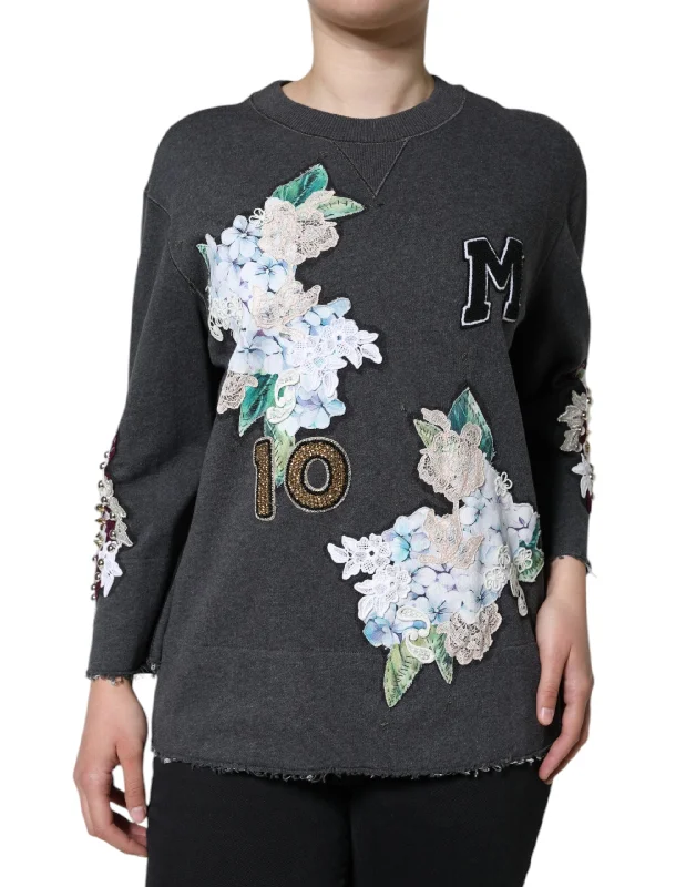 Dolce & Gabbana Gray Hydrangea CollegeStudded Floral Sweater Striped Floral Plaid