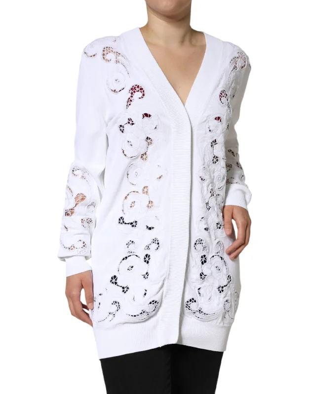 Dolce & Gabbana White Viscose Floral Cut Out Cardigan Sweater Oversized Loose Flowy