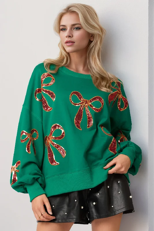 Christmas Bow Sequin Round Neck Dropped Shoulder Sweatshirt Hoodie with Oversized Fit Loose Comfortable