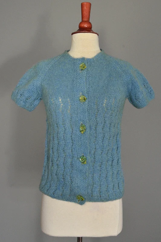 Dusty Blue Fuzzy Daisy Buttons Sweater Welt Pockets Slit Pockets Flap Pockets