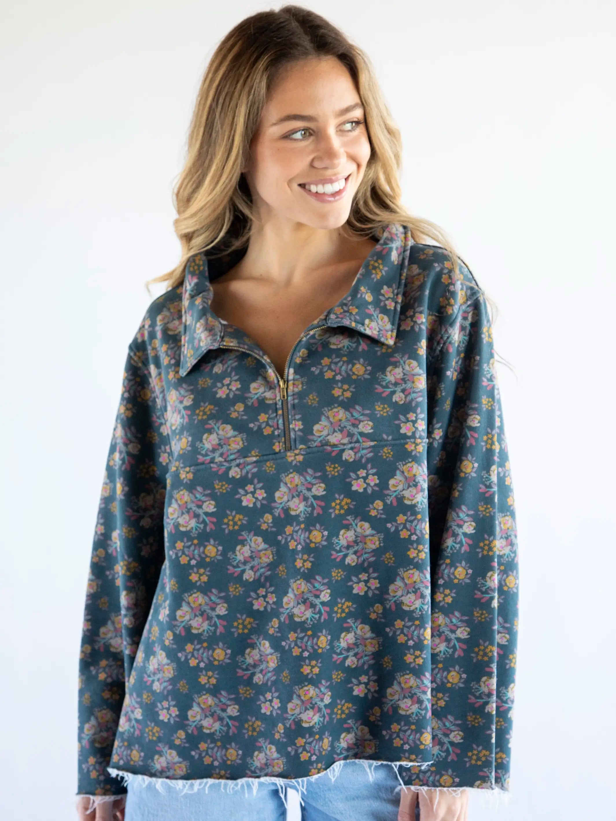 Easy Does It Sweatshirt - Slate Floral Blooms Hoodie with Lining Warm Insulated