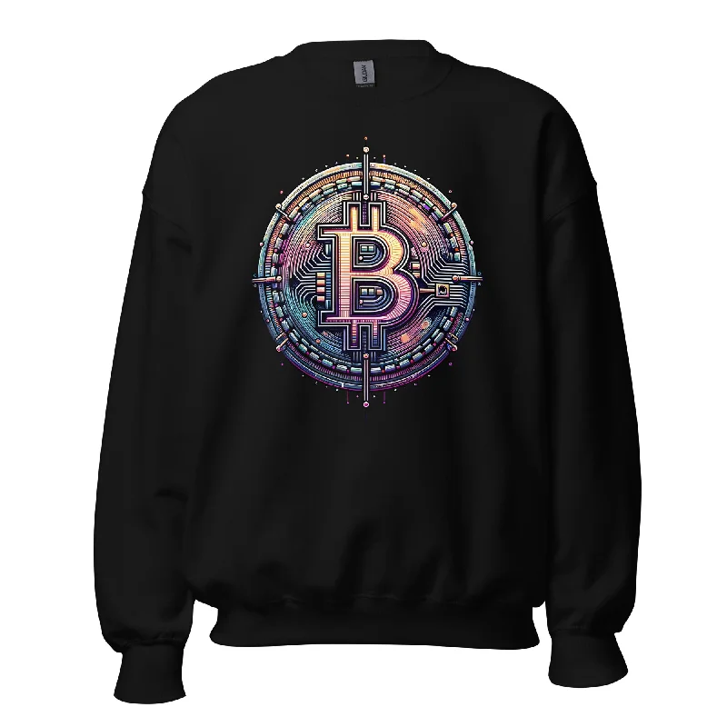 Futuristic Wired Bitcoin BTC Digital Crypto Sweatshirt Long Sleeve Pullover Hoodie with Emblem Brand Identity