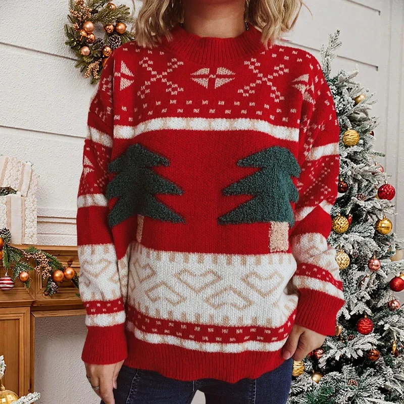 Green Christmas Sweater with Tree Embroidery - Casual Loose Retro Style Wool Sweater Cotton Sweater Cashmere Sweater