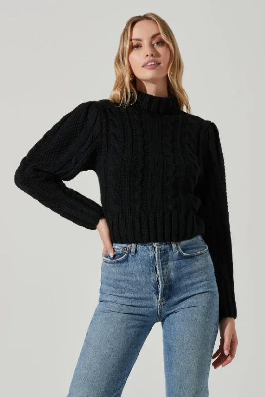 Haisley Cable Knit Turtleneck Sweater - Black Front Pockets Side Pockets Patch Pockets