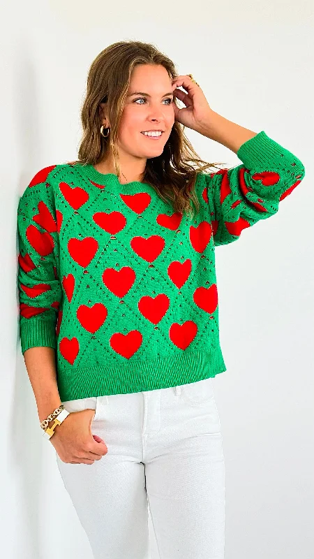 Hearts Knit Sweater-Green Anti-Pilling Anti-Shrink Durable