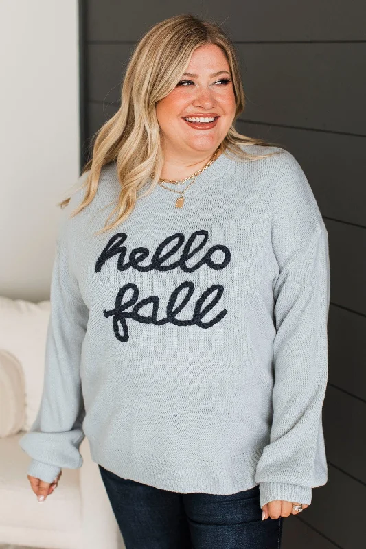 "Hello Fall" Embroidered Knit Sweater- Light Dusty Blue Solid Print Embellished