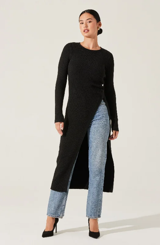 Ribbed Hi Slit Button Sweater Spandex Blend Rayon Blend Denim Blend