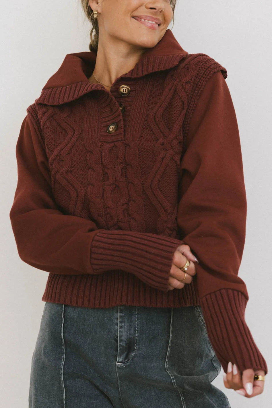 Irene Cable Knit Sweater in Burgundy Soft Cozy Warm