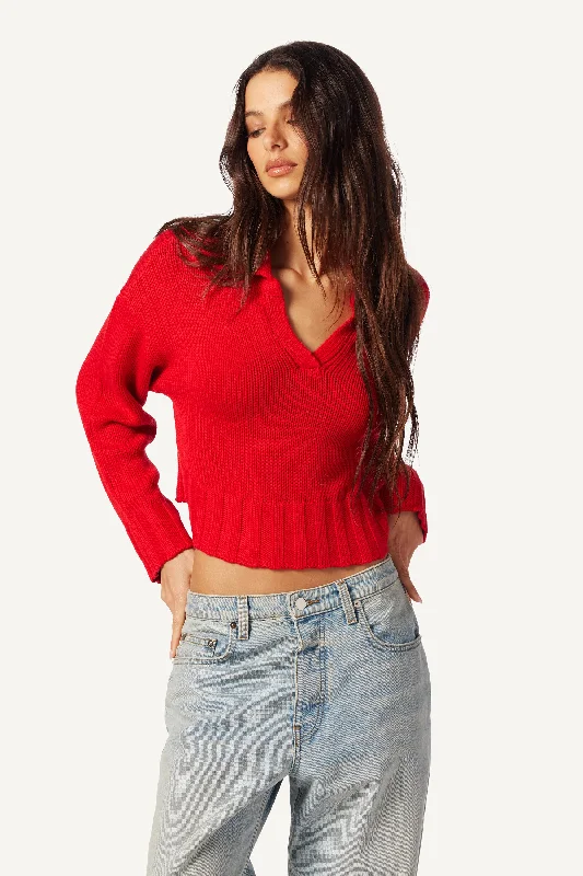 JULIE COTTON CASHMERE SWEATER W/ COLLAR | SCARLET Open Front Closed Front Wrap Front