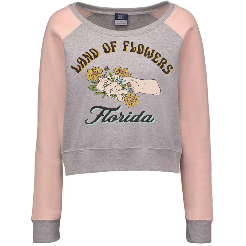 Land of Flowers Florida Cropped Sweatshirt Hoodie with Hem Frayed Vintage Worn