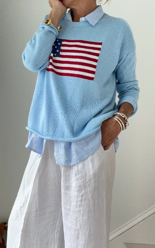 Light Blue American Flag Cotton Sweater Terry Terry Cloth Terry Knit