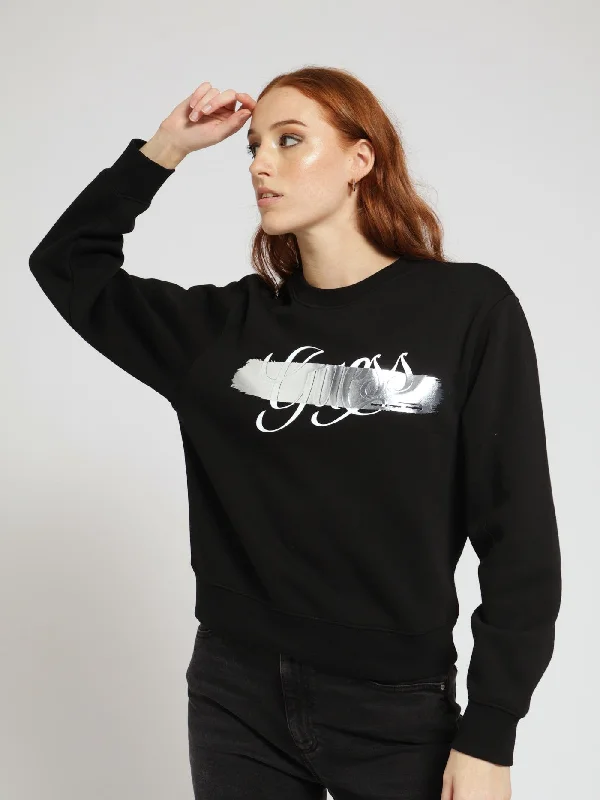 Logo Sweatshirt - Jet Black Hoodie with Tied Waist Feminine Flattering