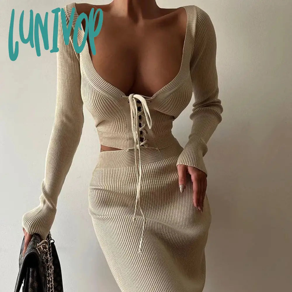 Lunivop Off Shoulder Fashion Sexy Bandage Top and Skirt Co-ords Sets Elegant Outfits Knitted Sweater Two Piece Sets Autumn  Club Skirt Sets Fitted Loose Oversized