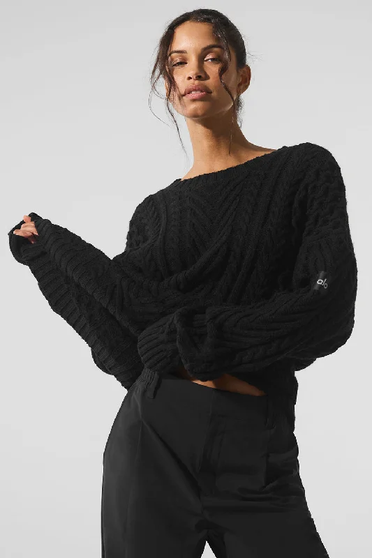 Cable Knit Crew Neck Sweater - Black Casual Formal Business