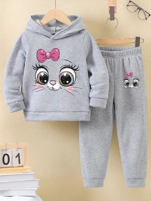 Girls 2-Piece Cartoon Cat Pattern Hooded Sweatshirt and Sweatpants Set 🐱👧 Cotton Hoodie Fleece Lining Warmth