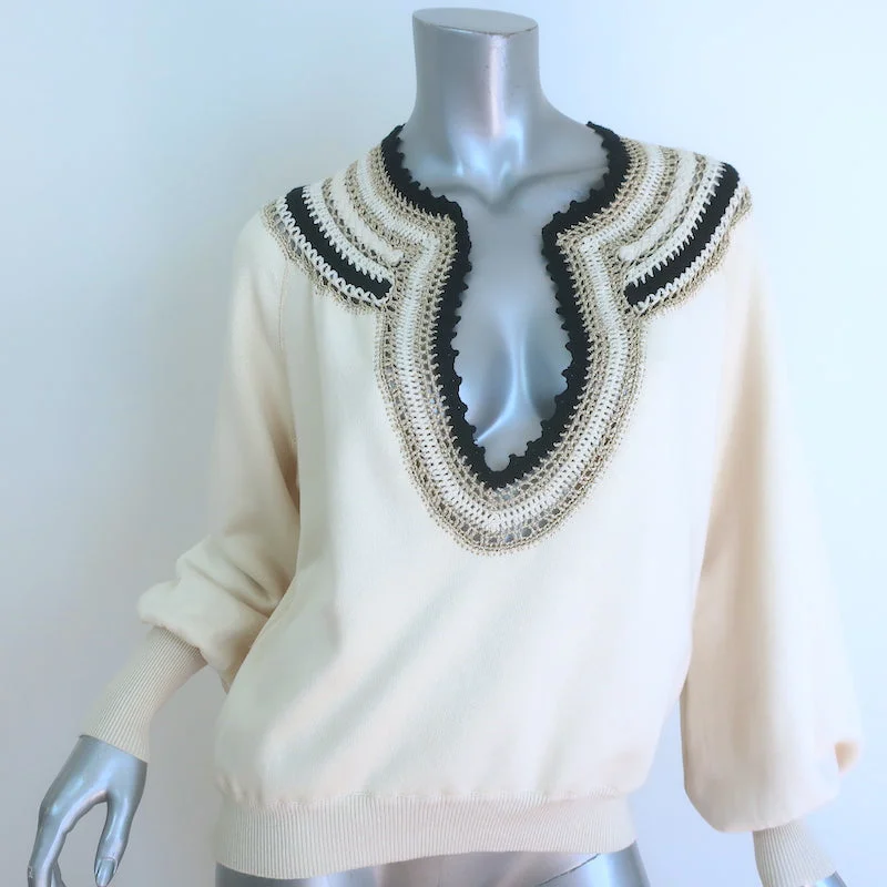 Mes Demoiselles Rosalia Metallic Crochet-Trimmed Sweater Ivory Cotton Size 0 Notch Collar Peter Pan Collar Cowl Neck