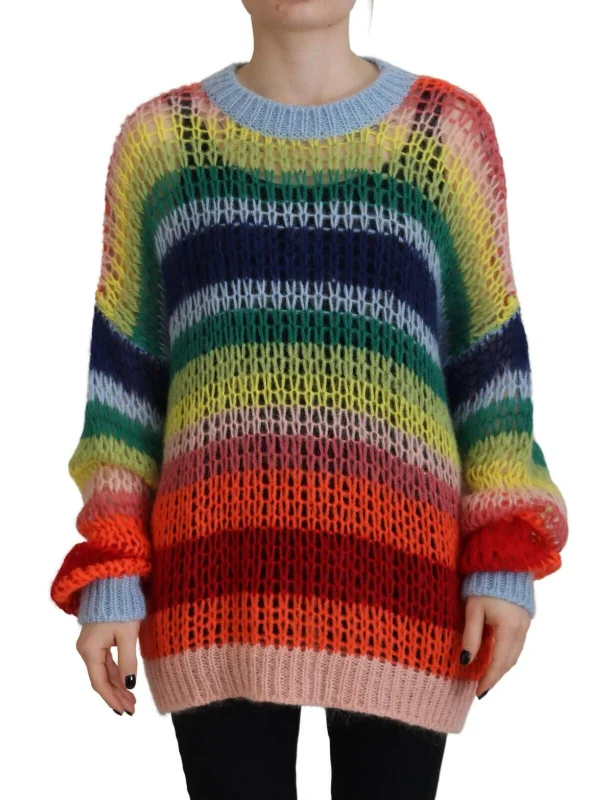 Multicolor Knitted Mohair Crewneck Pullover Sweater Real Fur Shearling Chenille