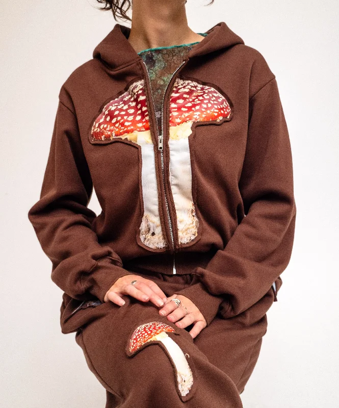 Mushroom Embossed Graphic Zip Up Hoodie Hoodie with Fur Luxurious Winter