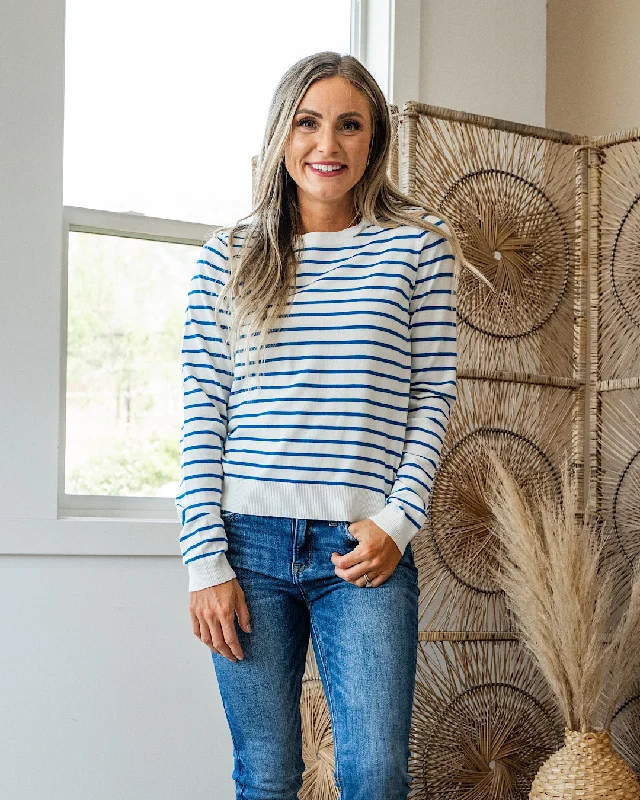 Camila Striped Crewneck Sweater - Blue Ribbed Striped Patterned