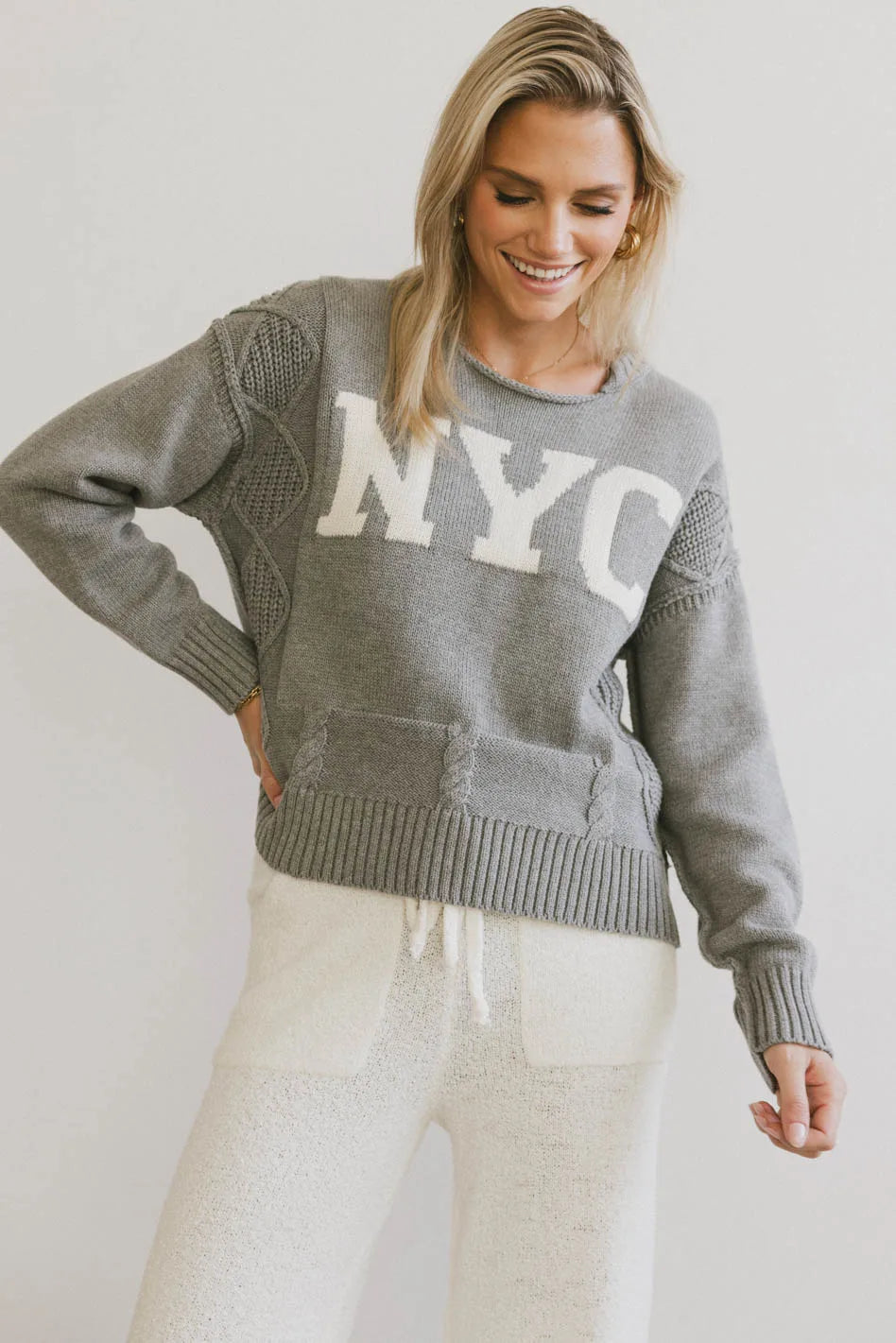 NYC Cable Knit Sweater Fleece Sweater Nylon Polyester