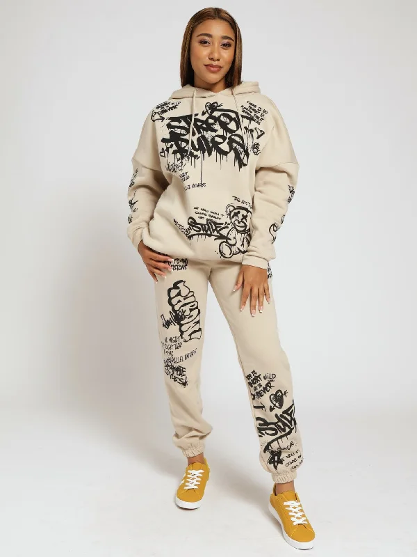 Oversized Graphic Hoody - Stone Hoodie with Belted Waist Structured Tailored