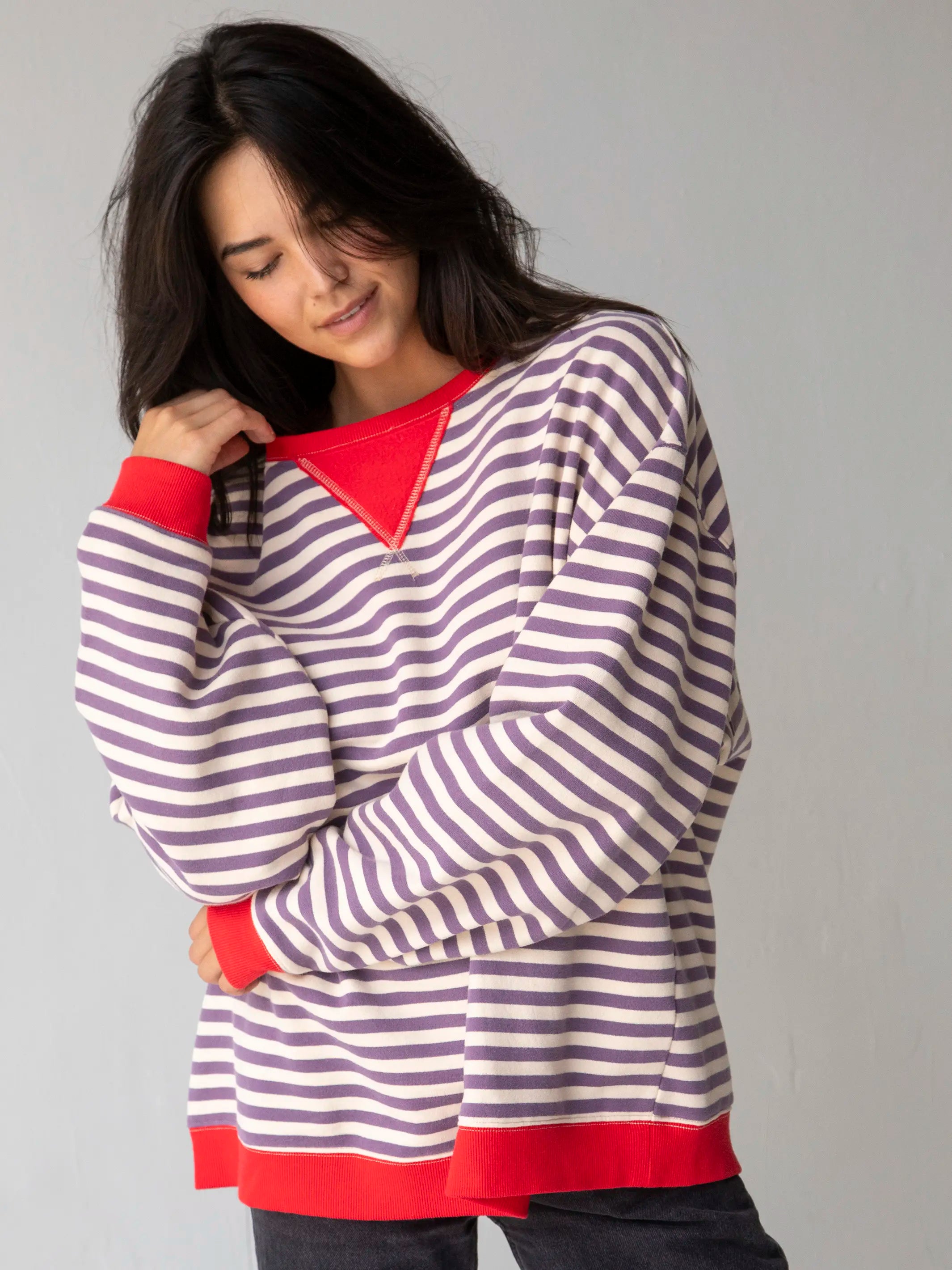 Oversized Striped Sweatshirt - Cream Purple Stripes Hoodie with Toggle Buttons Decorative Unique