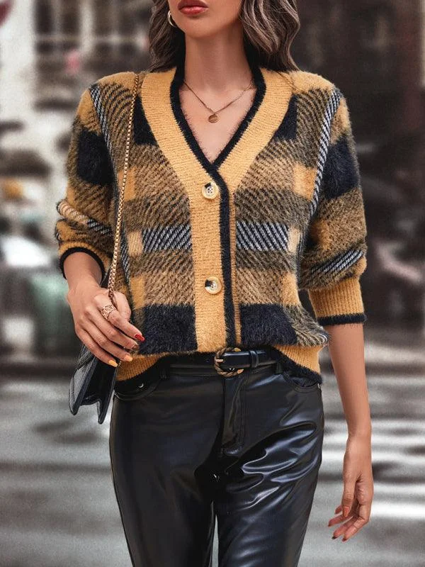 Plaid Button Women Cardigan Sweater Oversized Loose Flowy