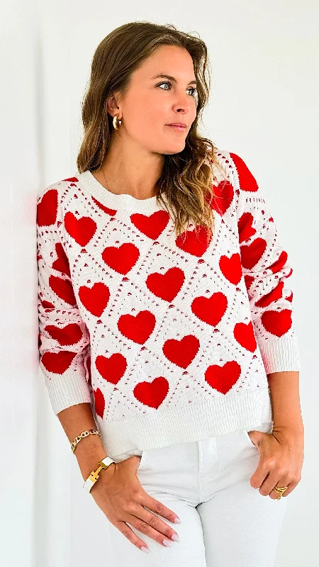 Hearts Knit Sweater-Red Houndstooth Herringbone Solid