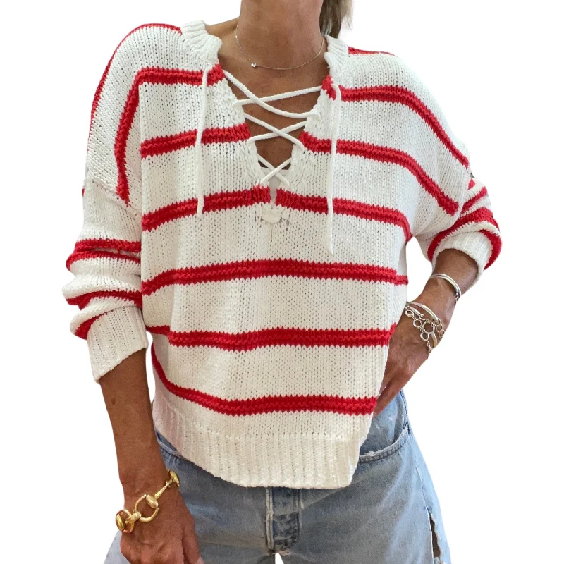 Red Sailor Tie Front Sea Stripe Cotton Sweater Sweater Knitwear Pullover