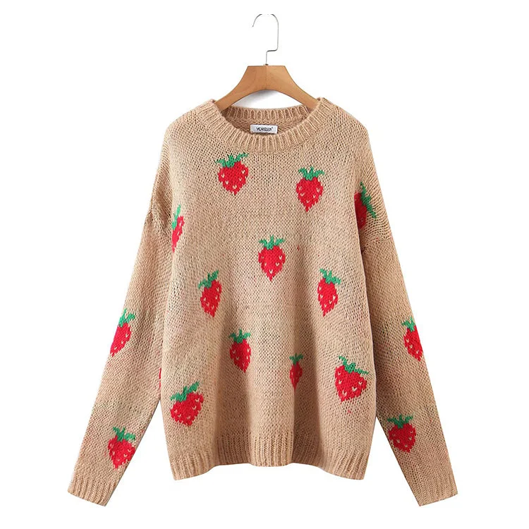 Strawberry jacquard mohair sweater loose round neck top  7743 Nylon Fabric Polyester Fabric Spandex Fabric