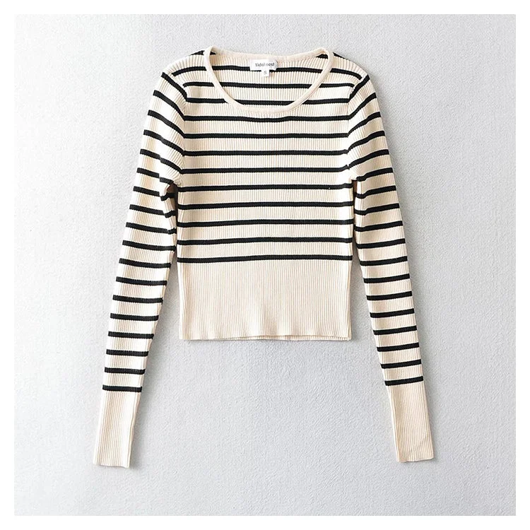 U-neck striped long sleeve slim fitting bottomed sweater for women  7736 Turtle Neck Boat Neck Asymmetrical Neck