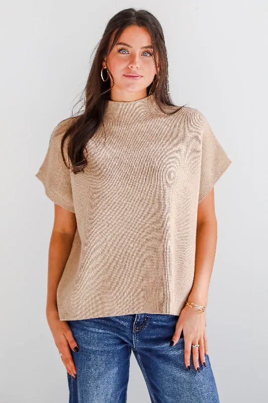 Unique Composure Taupe Mock Neck Oversized Sweater Top Silk Blend Satin Velvet