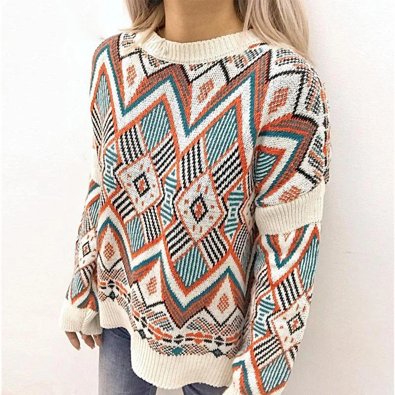 Vintage Retro Geometric Knitted Pullover Sweater Handmade Hand-knitted Hand-woven