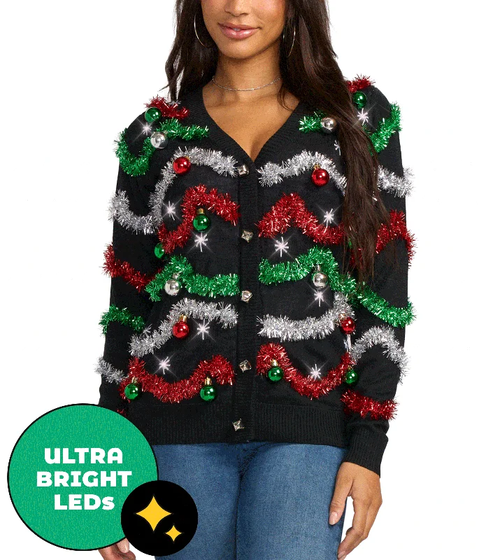 Women's Midnight Garland Light Up Christmas Cardigan Sweater Herringbone Houndstooth Plaid