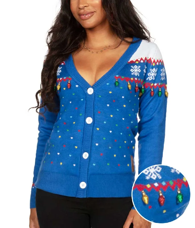 Women's Blue Christmas Lights Cardigan Sweater Sequined Glittery Shiny