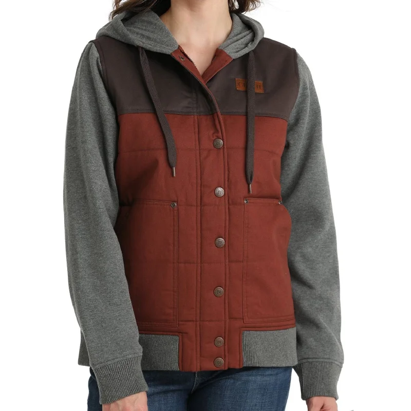 WOMEN'S CANVAS HOODIE JACKET - GRAY/BURGUNDY Graphic Hoodie Design Print