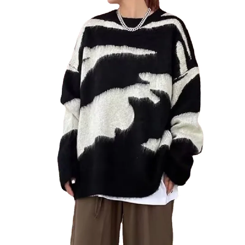 Women's High Street Black and White Contrast Sweater Layered Multi-layer Single Layer